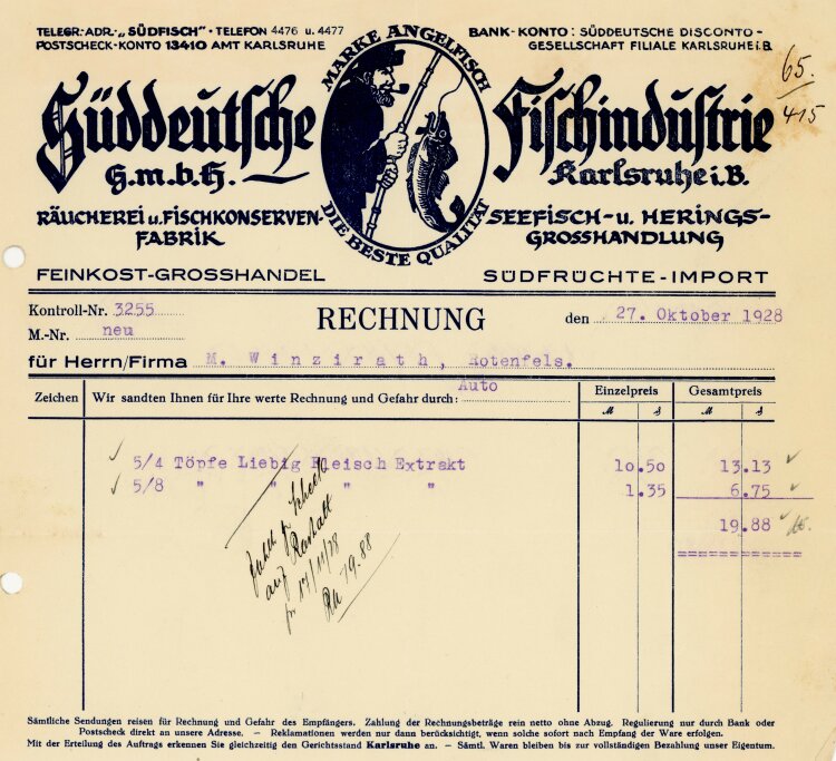 Süddeutsche Fischindustrie G.m.b.H. Karlsruhe. Räucherei u. Fischkonserven Fabrik. Seefisch- u Herings-Grosshandlung. Feinkost-Grosshandel Südfrüchte-Import - Rechnung  - 27.10.1928