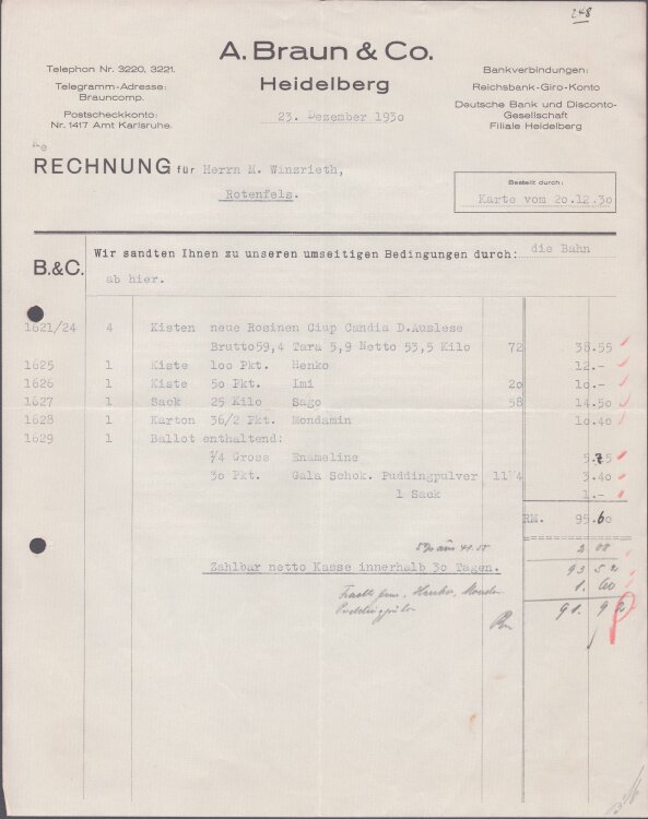 A Braun u Co - Rechnung - 20.12.1930