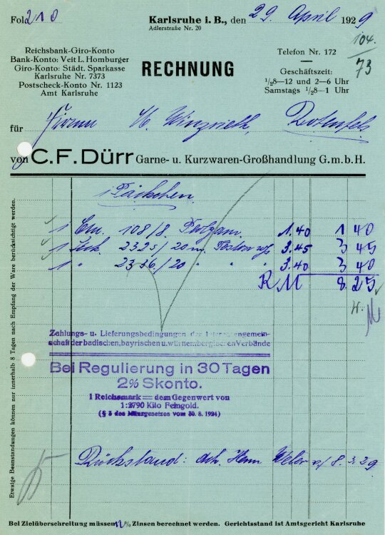 C.F. Dürr Garne- u. Kurzwaren-Großhandlung G.m.b.H  - Rechnung  - 29.04.1929
