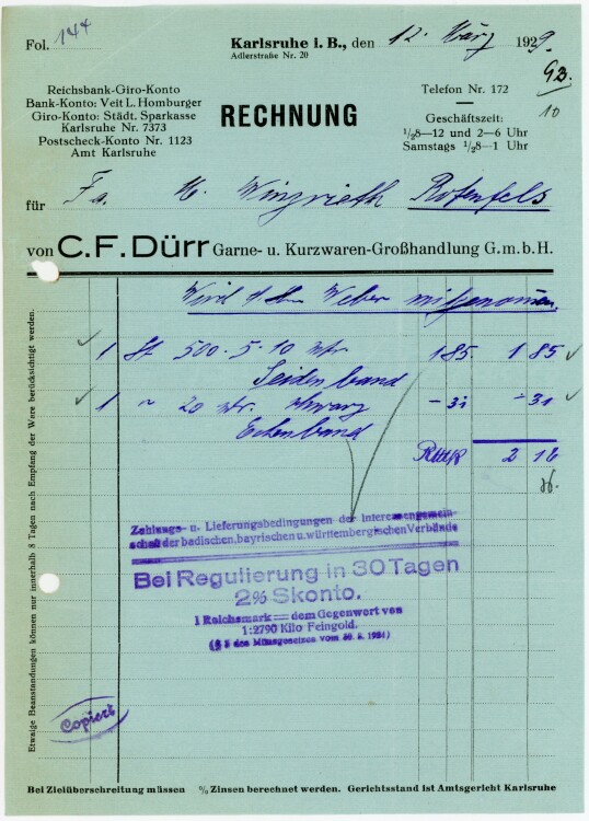 C.F. Dürr Garne- u. Kurzwaren-Großhandlung G.m.b.H  - Rechnung  - 12.03.1929