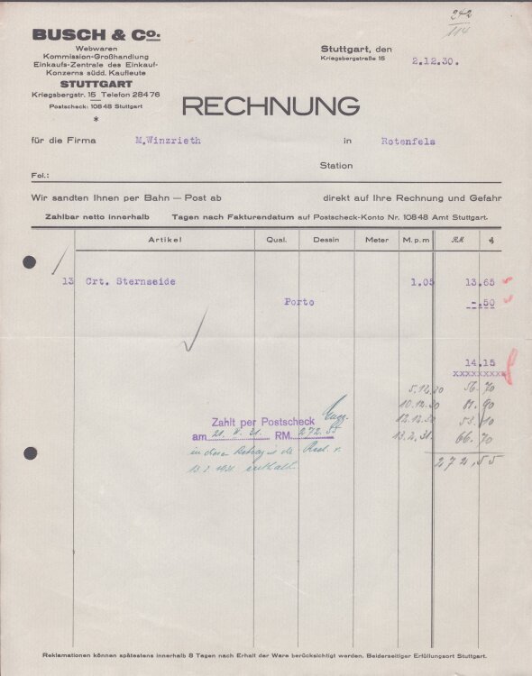 Busch u Co Webwaren - Rechnung - 02.12.1930