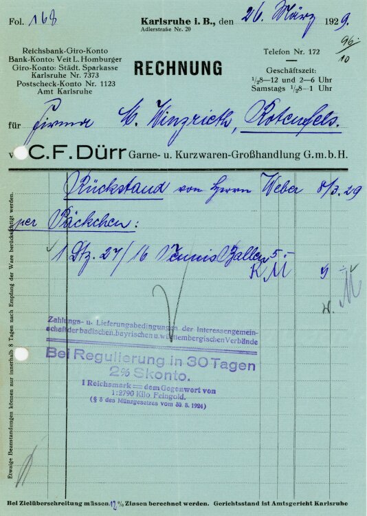C.F. Dürr Garne- u. Kurzwaren-Großhandlung G.m.b.H  - Rechnung  - 26.03.1929