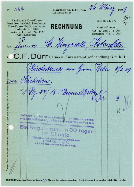 C.F. Dürr Garne- u. Kurzwaren-Großhandlung G.m.b.H  - Rechnung  - 26.03.1929