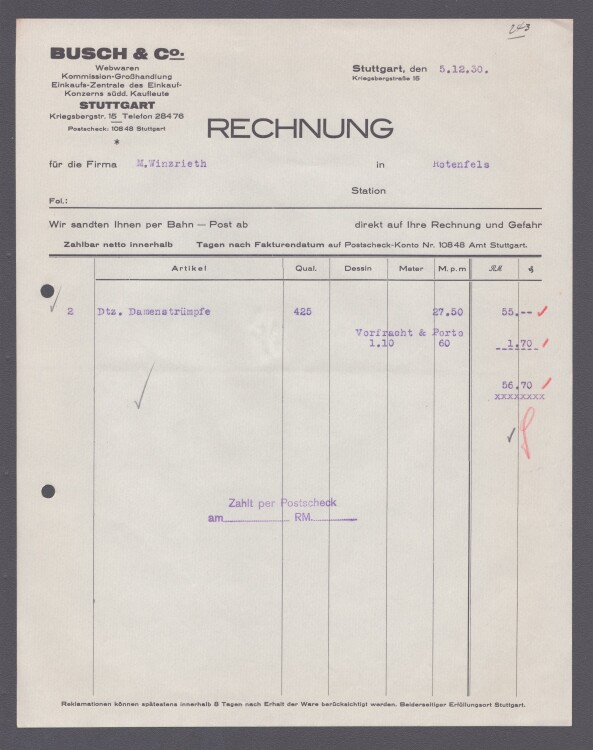 Busch u Co Webwaren - Rechnung - 05.12.1930