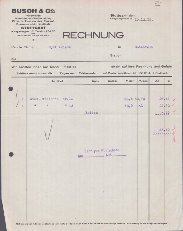Busch u Co Webwaren - Rechnung - 10.12.1930