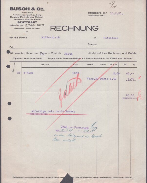 Busch u Co Webwaren - Rechnung - 13.02.1931