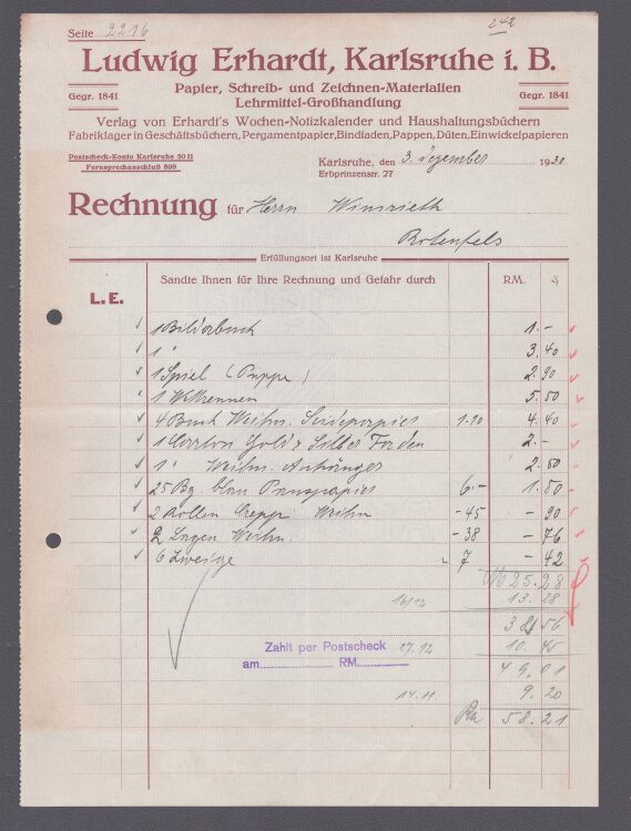 Ludwig Erhardt Papier Schreib und Zeichenmaterialen - Rechnung - 03.09.1930