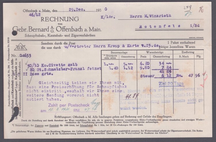 Gebr. Bernard AG - Rechnung - 29.12.1930