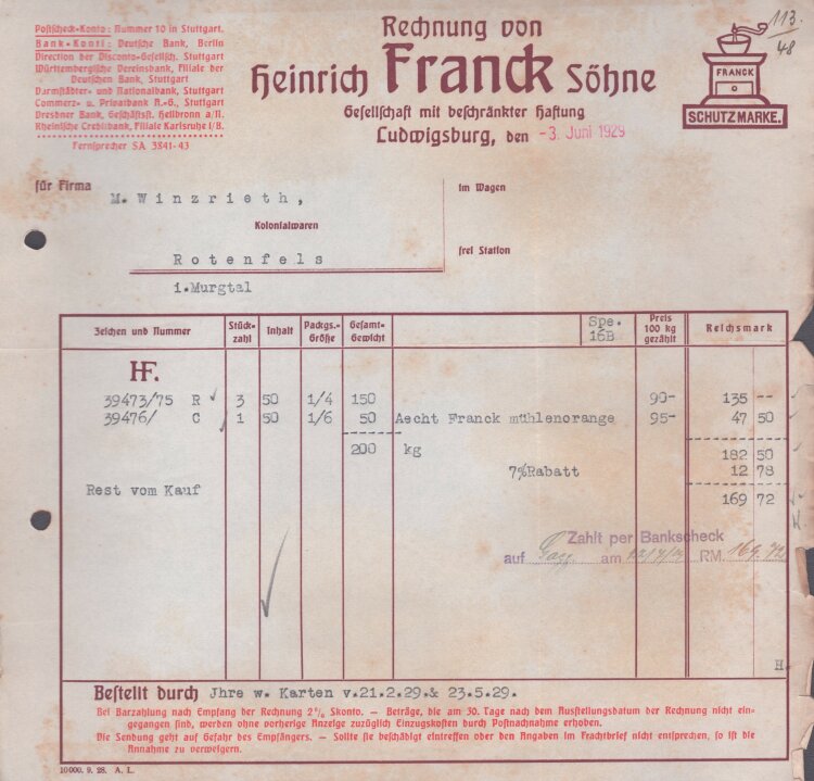 Heinrich Frank Söhne GmbH - Rechnung - 03.06.1929