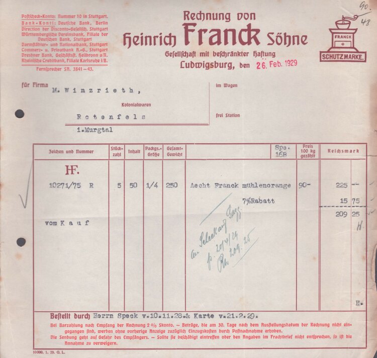 Heinrich Frank Söhne GmbH - Rechnung - 26.02.1929