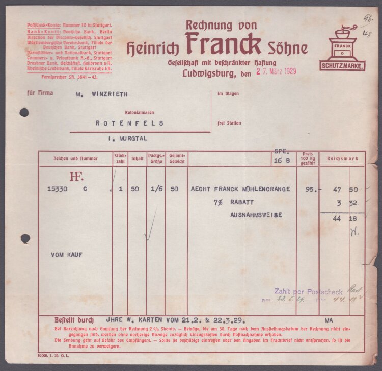 Heinrich Frank Söhne GmbH - Rechnung - 27.03.1929