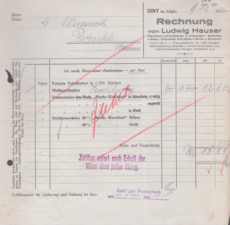 Ludwig Hauser Fabrikation und Großhandel - Rechnung - 09.12.1930