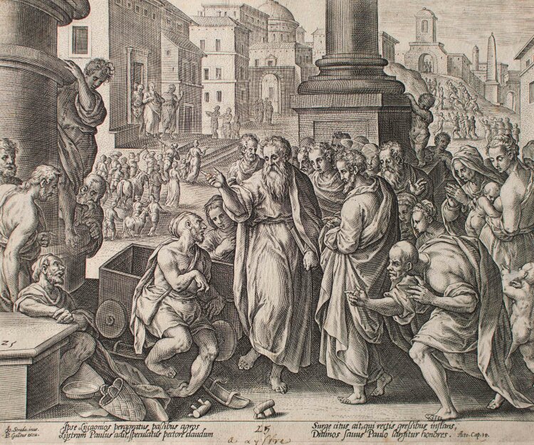 Philipp Galle - Paulus heilt einen Lahmen in Lystra - 1582 - Kupferstich