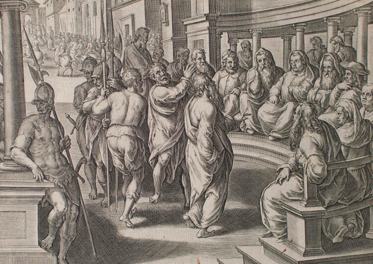 Philipp Galle - Paulus vor dem Sanhedrin (Hohem Rat) - 1582 - Kupferstich