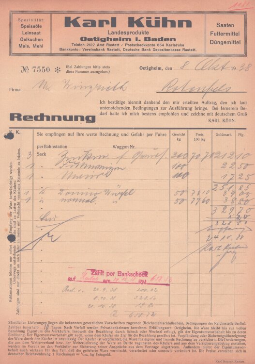 Karl Kühn - Rechnung - 8.11.1938