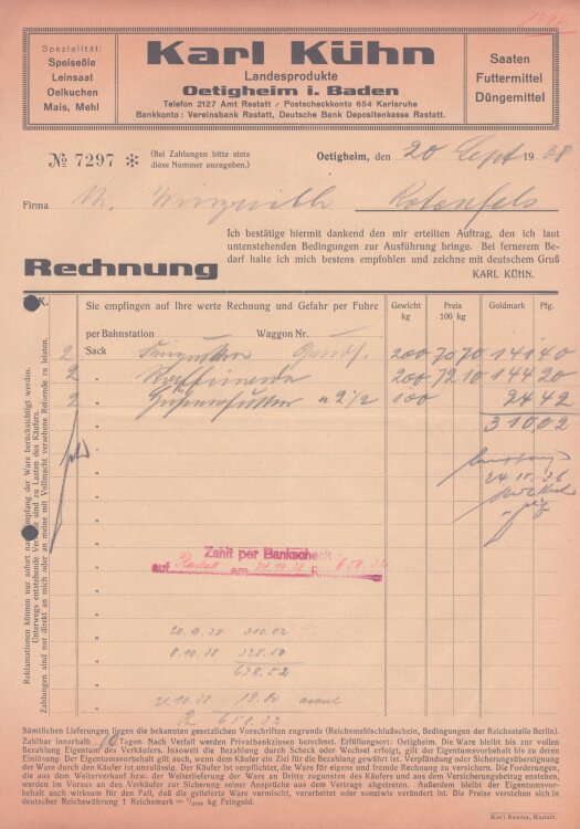 Karl Kühn - Rechnung - 20.09.1938