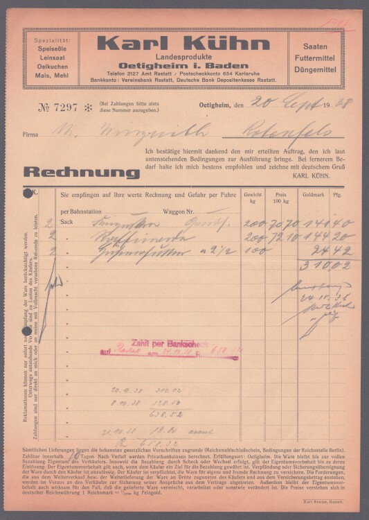 Karl Kühn - Rechnung - 20.09.1938
