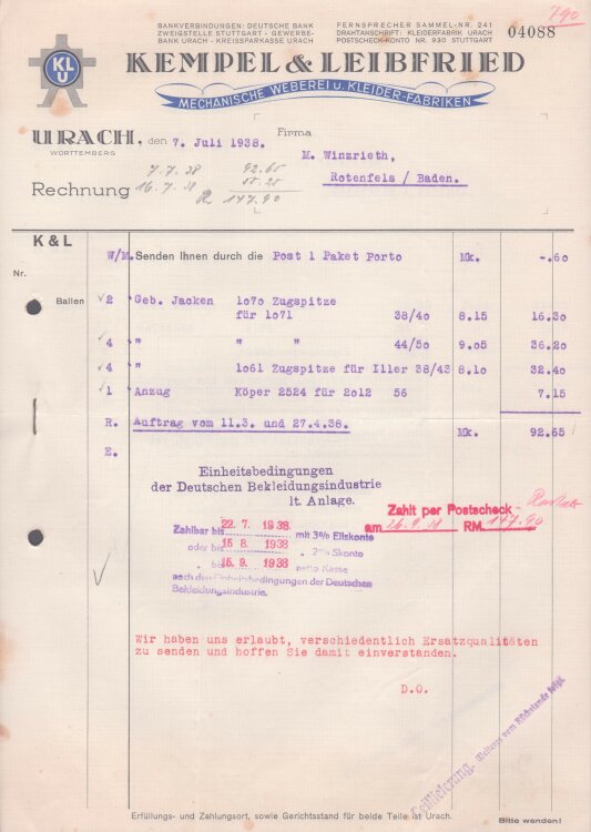 Kempel & Leibfried - Rechnung - 07.07.1938