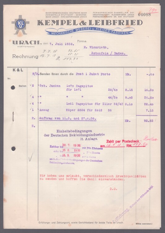 Kempel & Leibfried - Rechnung - 07.07.1938