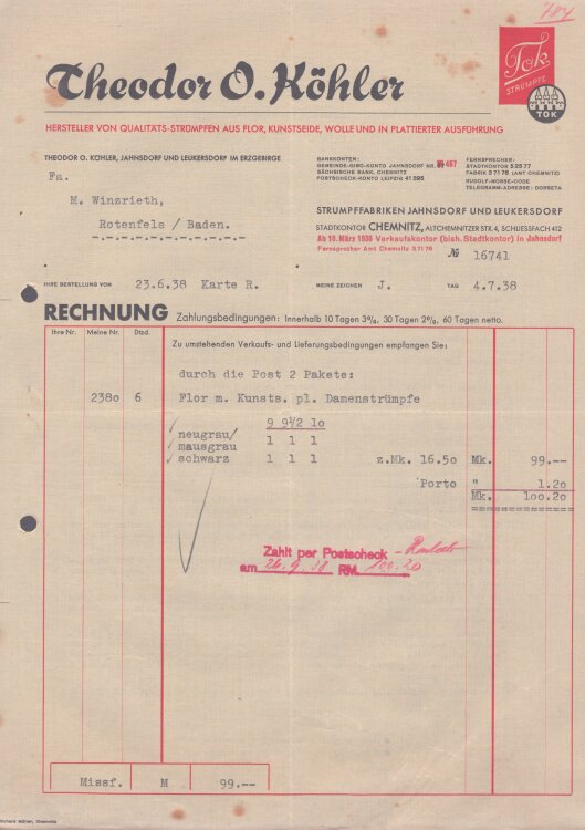 Theodor O. Köhler Tok-Strümpfe - Rechnung - 04.07.1938