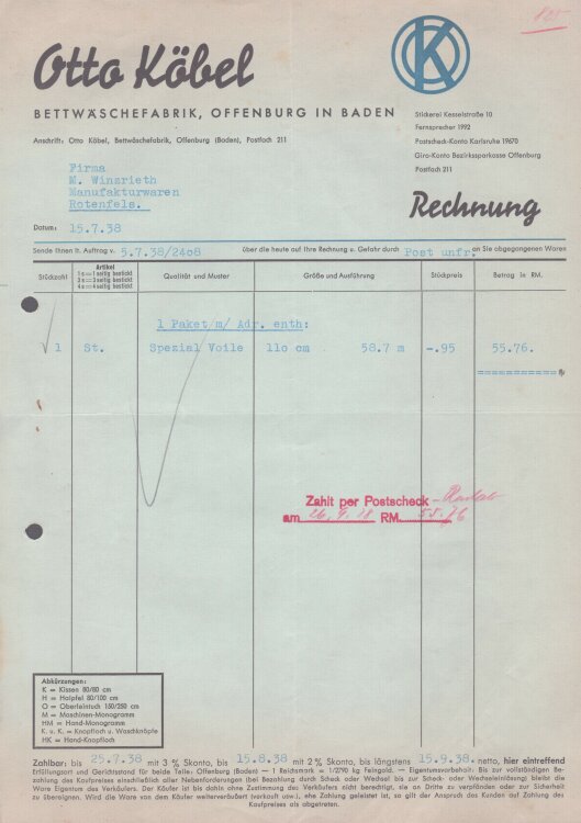 Otto Köbel Bettwäschefabrik - Rechnung - 05.07.1938
