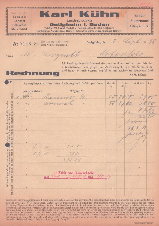 Karl Kühn - Rechnung - 08.09.1938