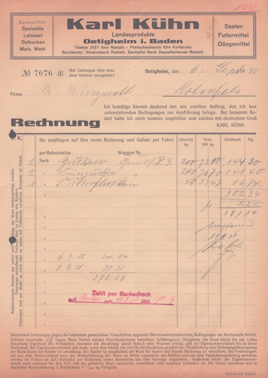 Karl Kühn - Rechnung - 06.09.1938