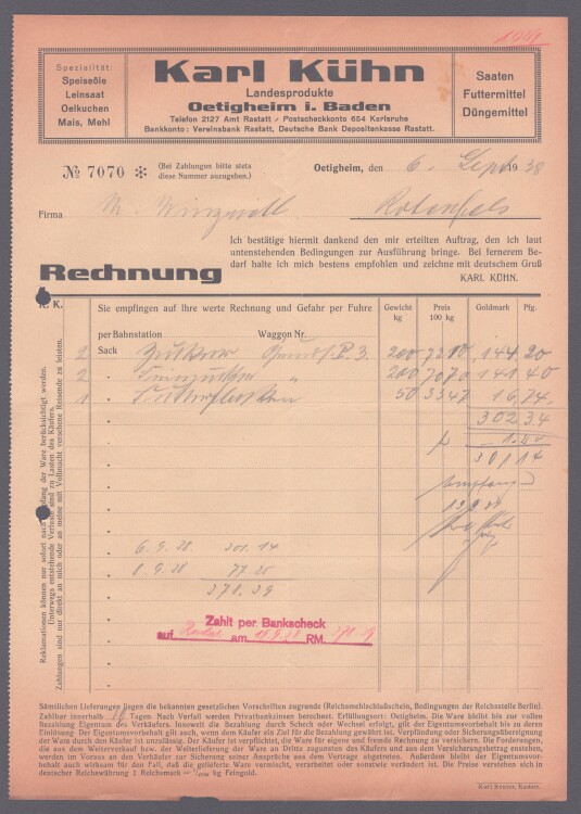Karl Kühn - Rechnung - 06.09.1938