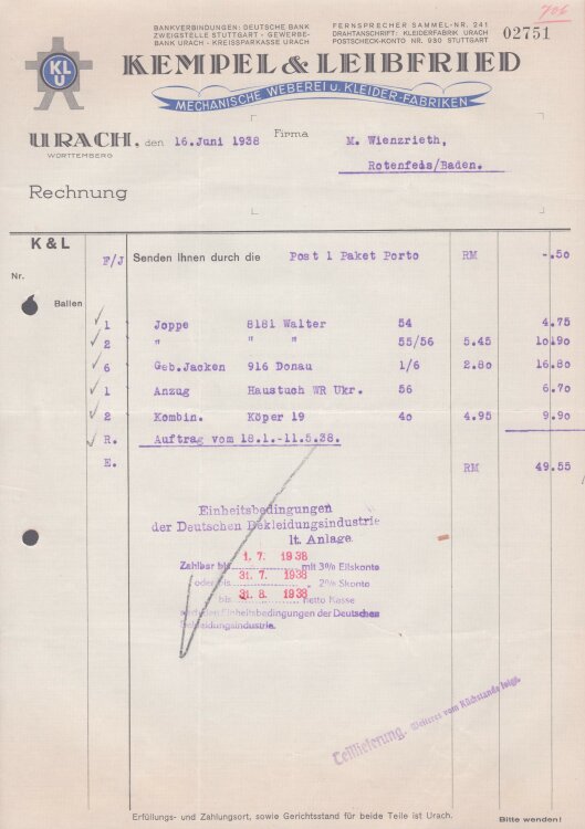 Kempel & Leibfried - Rechnung - 16.06.1938