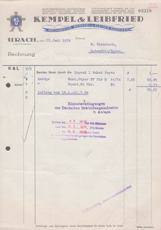 Kempel & Leibfried - Rechnung - 23.06.1938