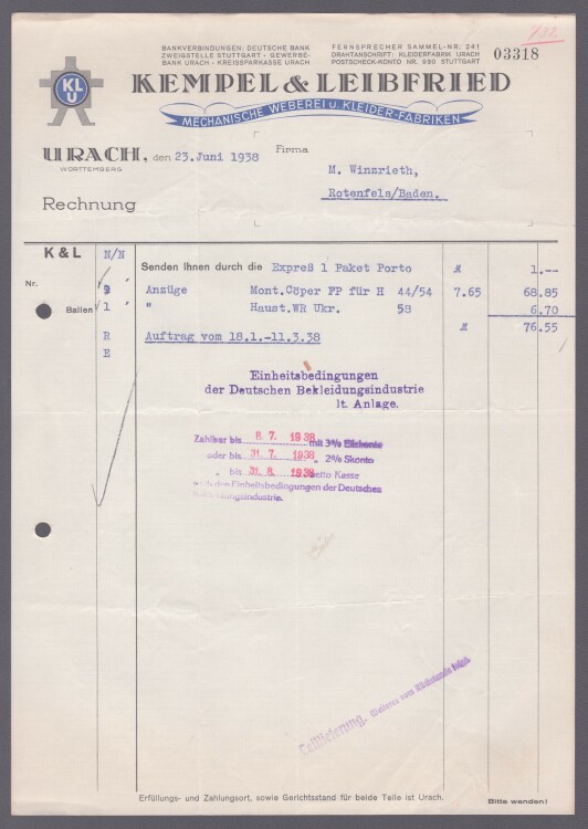 Kempel & Leibfried - Rechnung - 23.06.1938