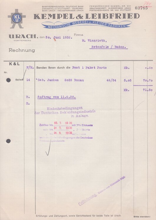 Kempel & Leibfried - Rechnung - 30.06.1938