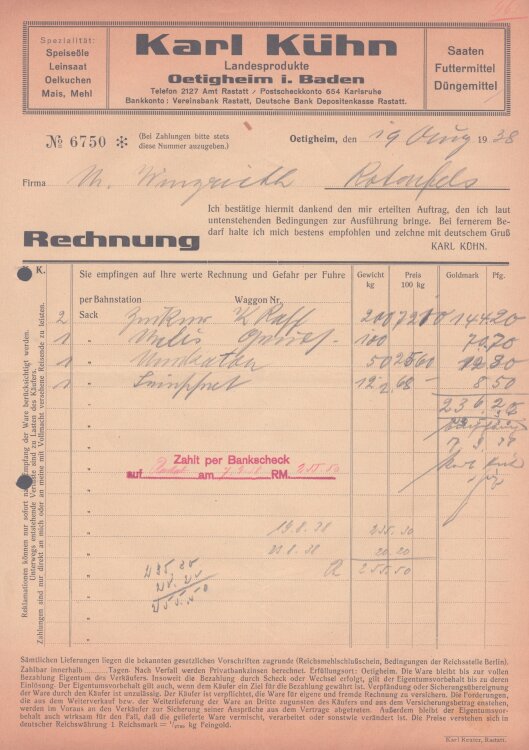 Karl Kühn - Rechnung - 19.08.1938