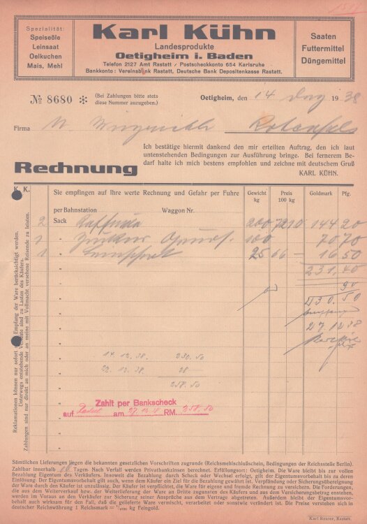 Karl Kühn - Rechnung - 14.08.1938
