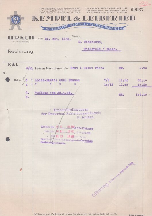 Kempel & Leibfried - Rechnung - 21.10.1938