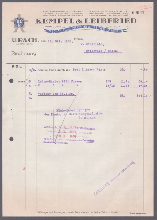 Kempel & Leibfried - Rechnung - 21.10.1938