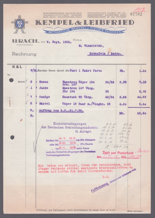 Kempel & Leibfried - Rechnung - 09.09.1938