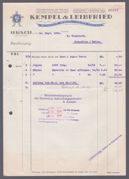 Kempel & Leibfried - Rechnung - 16.09.1938