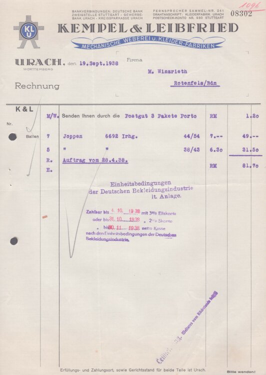 Kempel & Leibfried - Rechnung - 19.09.1938