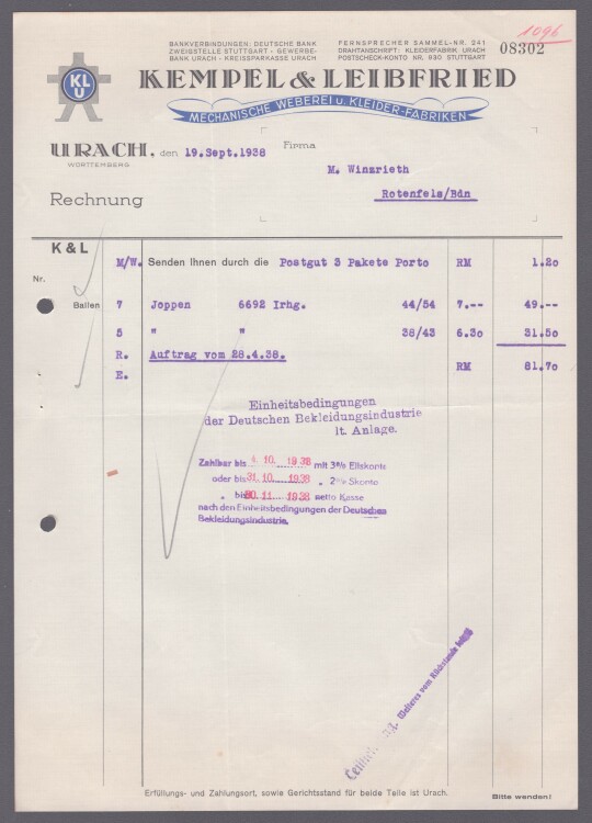 Kempel & Leibfried - Rechnung - 19.09.1938
