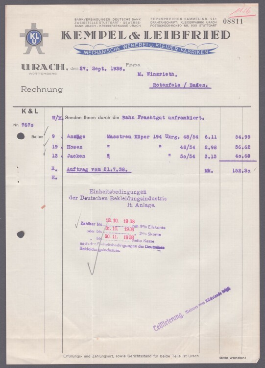 Kempel & Leibfried - Rechnung - 27.09.1938
