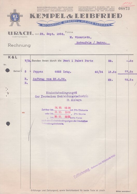 Kempel & Leibfried - Rechnung - 29.09.1938