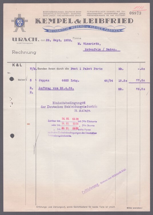 Kempel & Leibfried - Rechnung - 29.09.1938