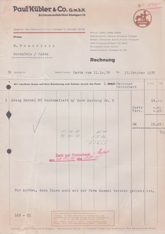 Paul Kübler & Co GmbH Strickwarenfabriken - Rechnung - 13.10.1938