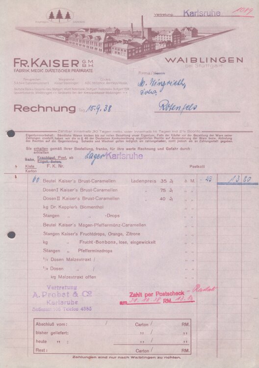Fr. Kaiser GmbH Fabrik medicinisch diätischer Präparate - Rechnung - 15.09.1938