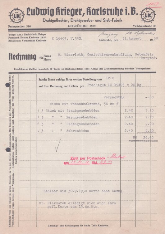 Ludwig Krieger Siebfabrik - Rechnung - 31.08.1938