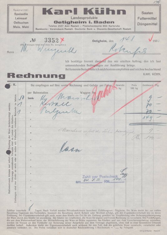 Karl Kühn - Rechnung - 14.08.1930