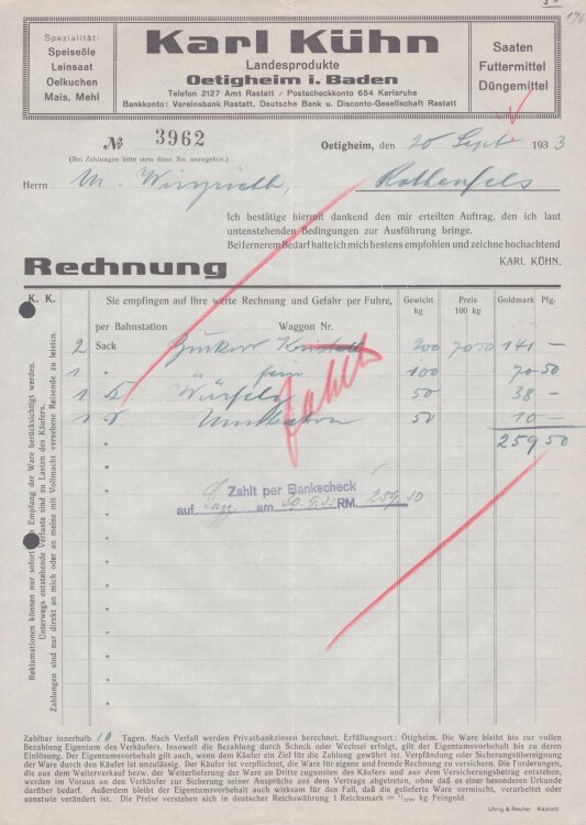 Karl Kühn - Rechnung - 20.09.1933