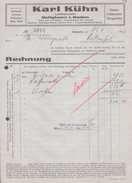 Karl Kühn - Rechnung - 23.11.1936