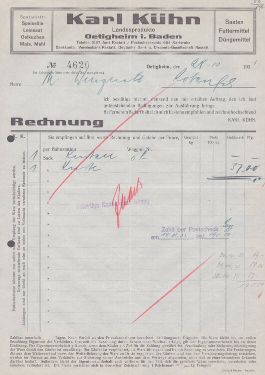 Karl Kühn - Rechnung - 28.10.1938